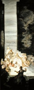 アーサー王がUskのCaerllanにいたときのClydnoの息子Kynonの物語（水彩にボディカラーと金色の絵の具、シルク