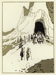 人々は巨人を探しに出かけ、やがて巨人の洞窟にたどり着いた（カラーリトグラフ 作： George Sheringham