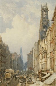 フリートストリート、1834年にオールドセントダンスタンとセントクレメントデーンズのあるテンプルバーを見上げる 作： George Sidney Shepherd