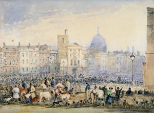 人物や動物がいるスミスフィールド マーケットの眺め、ロンドン市、1824 年。 作： George Sidney Shepherd