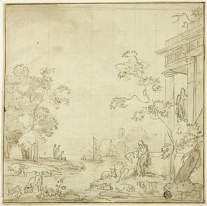 人物のいる港の情景、寺院 作： George Smith of Chichester