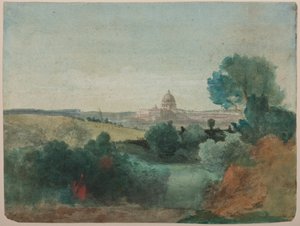 カンパーニャから見たセントピーターズ、1850年頃（紙に鉛筆でトイレ） 作： George Snr. Inness
