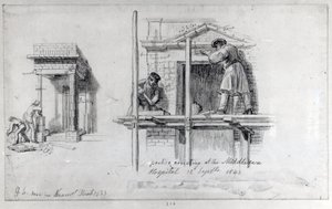 1833年と1840年にロンドンのニューハムストリートとミドルセックス病院にポルティコスを建てる 作： George Snr Scharf