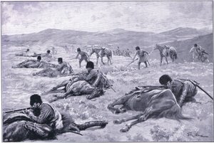 コサックと彼の馬：小競り合い中にカバーを固定するための装置、イラスト、ラッセル日露戦争の巻1、c.1900 作： George Soper