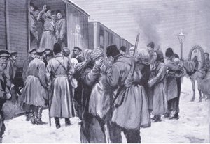 極東へのロシア軍の出発、カッセルの日露戦争の歴史第1巻、1900年からのイラスト 作： George Soper