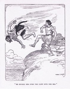 ジョージ・アレン・アンド・アンウィン社から1929年に出版された「The Heroes」の中で、彼を崖から海に蹴り落とした（カラーリトグラフ）。