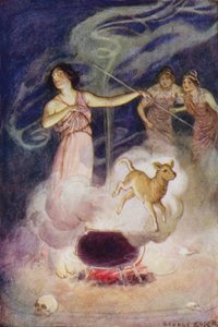 ジェイソンとアルゴナウツ：「彼女が彼に魔法の呪文をささやくと、彼は再び若い子羊になって飛び出した」（カラーリトグラフ