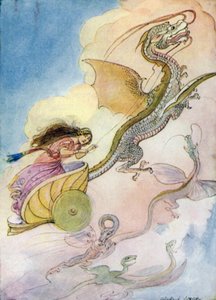 テセウス「メデイアは彼女のドラゴンチャリオットを呼んだ」（カラーリトグラフ 作： George Soper