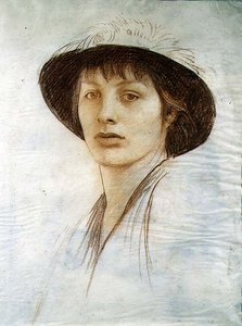 Girl in a Feathered Hat（ベラムに赤チョーク） 作： George Spencer Watson