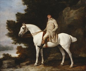 ロッキーの樹木が茂った風景の中の灰色の馬の紳士、1781 作： George Stubbs