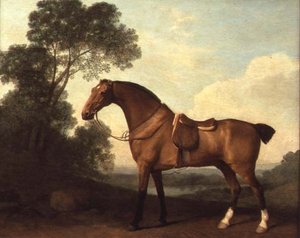 湖のある風景の中で鞍をつけたベイハンター 作： George Stubbs