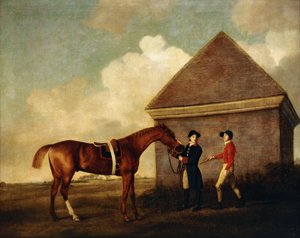 1770年にニューマーケットのラビングダウンハウスでジョッキー、おそらくジャックオークリーと一緒に、新郎が抱いたダークチェスナットの競走馬「エクリプス」