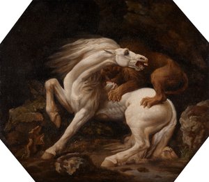 ライオンに襲われる馬 エピソード C、1768 年から 1769 年の間。 作： George Stubbs