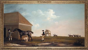 「ニューマーケット ヒースのギムクラック競走馬と調教師、少年、騎手」ジョージ スタッブス (1724-1806) 作 1765 薄暗い 101.6x194 cm 個人蔵 作： George Stubbs