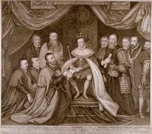 エドワード 6 世がブライドウェルを救貧院としてロンドン市に与える勅許状に署名、1552 年 1750 年 作： George Vertue