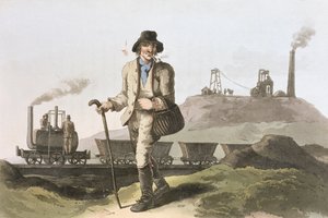 リーズ近くのミドルトン炭鉱にあるブレンキンソップ機関車。ロバートハヴェル（1769-1832）1814年に刻まれた「ヨークシャーの衣装」から 作： George Walker