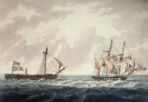 1810年にロバートクリッブが出版したR und D Havellによって刻まれた1809年7月6日の行動の後、フランスのフリゲート艦フリユーズを引いて彼の陛下のスループ、ボンチトエンヌ