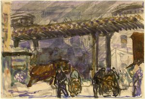 冬の日 - ブルックリン橋近くの高架下、c。 1907年。 作： George Wesley Bellows