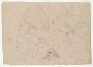 無題 - 男性、女性、子供など、大まかに描かれた数多くのポートレートスケッチ（紙に鉛筆 作： George Whiting Flagg