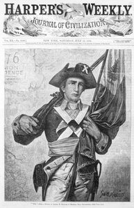 1876年7月15日、ニューヨーク州シュピアーによって彫刻されたマスケット銃旗を掲げた「76」ミニットマンまたは大陸兵、「ハーパーズウィークリー、文明のジャーナル」の表紙