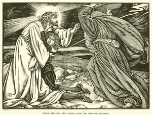 忠実な人の頭上でテーブルを壊すモーゼ（彫刻 作： George Woolliscroft Rhead