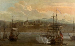 インドのマドラスにあるフォート セント ジョージの絵。 1731 年。軍の砦、船が停泊する港。 船の大砲が発射されます。 煙。 戦い。 作： George and Scott Samuel (1710 72) Lambert