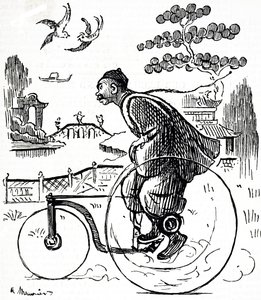 中国の公園で三輪車に乗る中国人の姿を描いた漫画。フランス系イギリス人の漫画家・作家であるジョージ・デュ・モーリア（1834-1896）が描いたもの。 作： George du Maurier