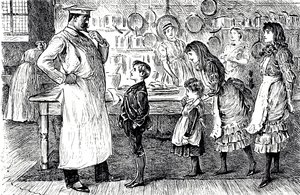 料理人が家の子供たちから注文を受ける様子を描いた漫画。絵を描いたのは、フランス系イギリス人の漫画家・作家のジョージ・デュ・モーリア（1834-1896）。 作： George du Maurier