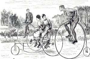 三輪車に乗る若者たちの姿を描いた漫画。フランス系イギリス人の漫画家・作家であるジョージ・デュ・モーリア（1834-1896）が描いたもの。 作： George du Maurier