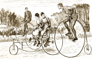 三輪車に乗る若者たちの姿を描いた漫画。フランス系イギリス人の漫画家・作家であるジョージ・デュ・モーリア（1834-1896）が描いたもの。 作： George du Maurier