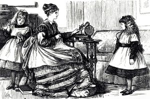 ミシンを使う若い母親の姿を描いた漫画。絵を描いたのは、フランス系イギリス人の漫画家・作家のジョージ・デュ・モーリア（1834-1896）。