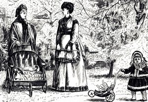 継承か、構想か」というタイトルの漫画。絵を描いたのは、フランス系イギリス人の漫画家・作家のジョージ・デュ・モーリア（1834-1896）。 作： George du Maurier