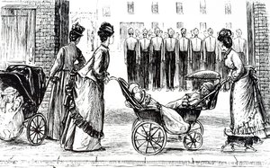 保育士が子供たちを連れて散歩する様子を描いた版画。フランス系イギリス人の漫画家・作家であるジョージ・デュ・モーリア（1834-1896）が描いたもの。