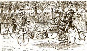 自転車に乗った乗客を描いたエングレーヴィング。フランス系イギリス人の漫画家・作家であるジョージ・デュ・モーリア（1834-1896）が描いたもの。 作： George du Maurier