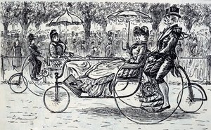 自転車に乗った乗客を描いたエングレーヴィング。フランス系イギリス人の漫画家・作家であるジョージ・デュ・モーリア（1834-1896）が描いたもの。 作： George du Maurier