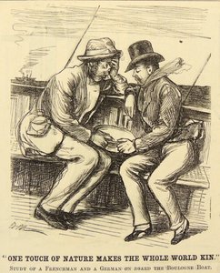 船酔いに苦しむボートの乗客たち。ジョージ・デュ・モーリアの漫画（ロンドンの「パンチ」より 作： George du Maurier