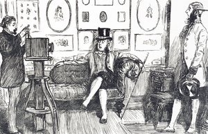写真を撮られる時の不快感を描いた漫画。初期の写真処理では長時間露光が必要だったため、被写体は長時間ポーズをとらなければならず、それを避けるために人を固定する工夫がなされた。 作： George du Maurier