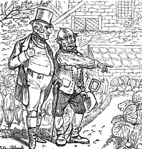 紳士が庭師と一緒に野菜畑にいる様子を描いた漫画 作： George du Maurier
