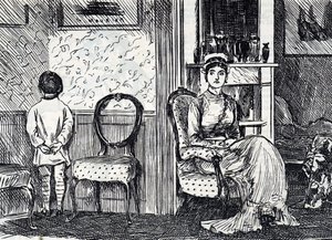 母親が息子を壁に向かって立たせて罰する様子を描いた漫画