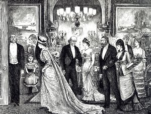 ビクトリア朝の家での優雅な晩餐会を描いた漫画 作： George du Maurier