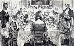 ビクトリア朝の家での優雅な晩餐会を描いた漫画 作： George du Maurier