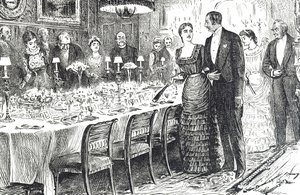 若いカップルがダイニングルームに入る様子を描いた「Going into Dinner」というタイトルの漫画 作： George du Maurier