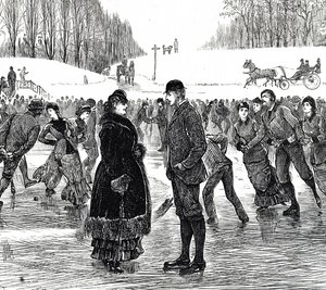 アイススケートをする中年のカップルを描いた版画 作： George du Maurier