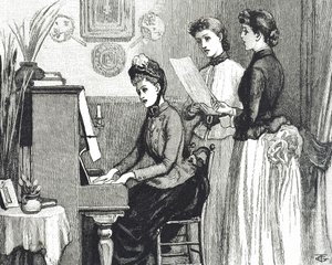客間で歌う若い女性たちを描いたエングレーヴィング