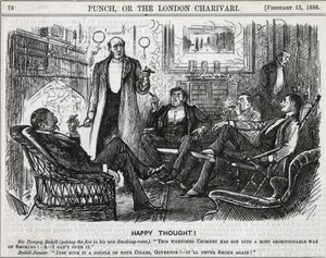 喫煙室に集まり、食後の葉巻を吸う紳士たち。ジョージ・デュ・モーリアの漫画、1886年ロンドンの「パンチ」より。