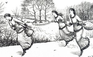 兎と猟犬のために道を作る少女たちを描いたイラスト 作： George du Maurier