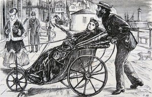 パトリック、女性用のバスチェアを押す 作： George du Maurier