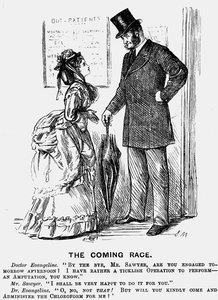 来るべきレースに向けて未来の外科医。1872年9月14日、ロンドンの『パンチ』に掲載されたジョージ・デュ・モーリアの漫画で、医療従事者の女性が同僚の男性から受けるであろう見下した態度を示している。エングレーヴィング。 作： George du Maurier