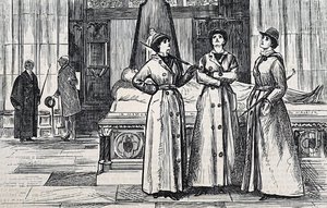 フルレングスのコートを着た3人の女性、美術館にて 作： George du Maurier