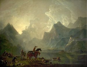 スランベリス湖とドルバダーン城、北ウェールズ、1777 作： George the Elder Barret